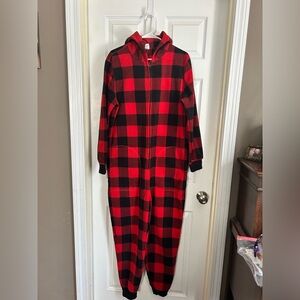 GAP Adult Onesie Red and Black Checkered Fleece Pajamas